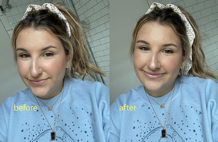 before and after image showing results of using Glossier Ultralip