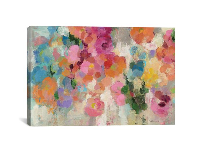 An abstract floral painting featuring vibrant, overlapping circular shapes resembling flowers in various colors