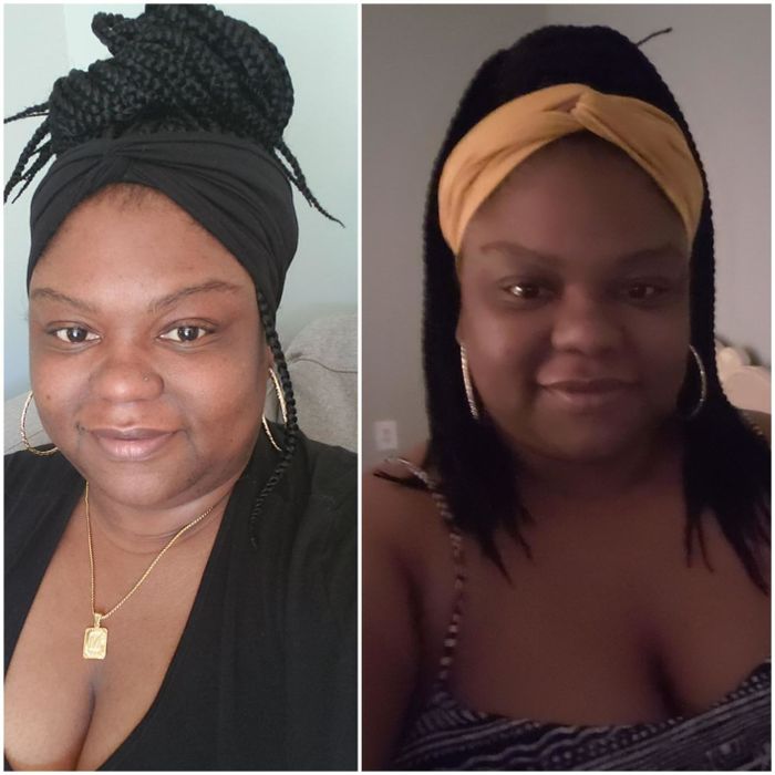 A reviewer wearing the thick twist-front headbands in black and yellow