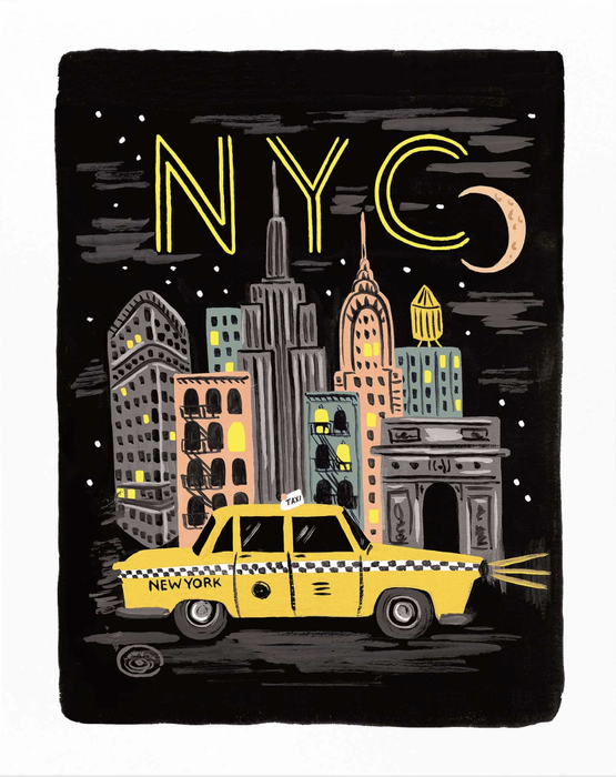 A graphic illustration showcasing New York City landmarks with a yellow taxi in the foreground under a night sky