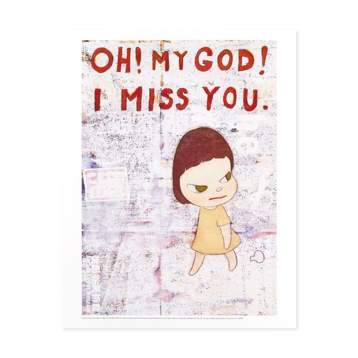 An illustration of a short-haired character in a yellow dress, with the text "OH! MY GOD! I MISS YOU."