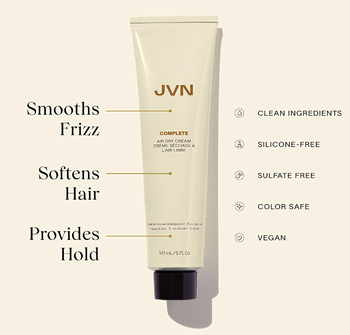 A bottle of JVN Air Dry Cream with the benefits listed next to it.