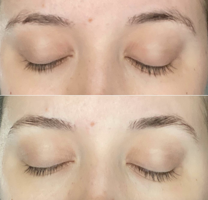 Before and after photo showing the reviewer with perfectly groomed brows