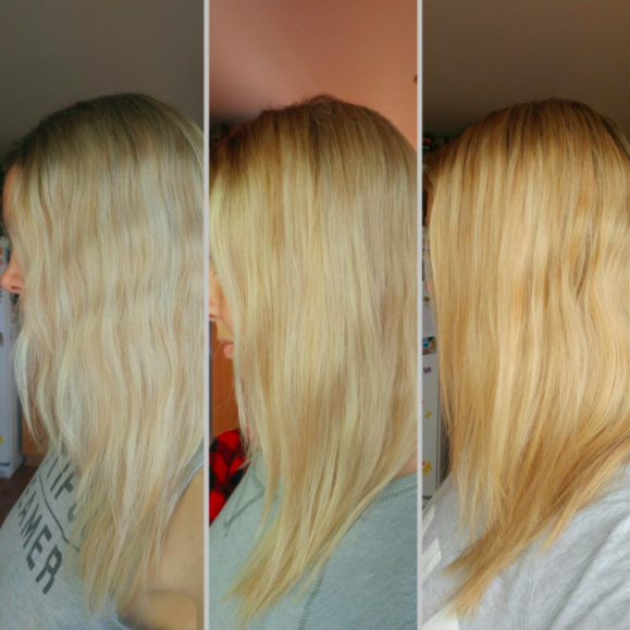 before-and-after images demonstrating blonde hair transitioning from yellow tones to a cooler shade