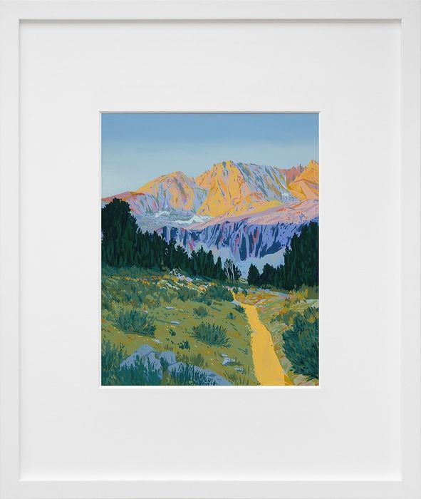 A framed painting of a mountain landscape with a trail leading to snowy peaks, available for purchase