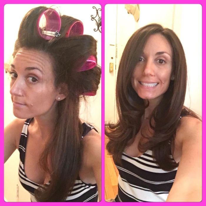 before: a reviewer with curlers in their hair; after: the same reviewer with straight hair and beautifully curled ends