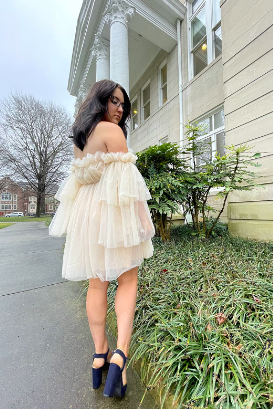 another reviewer image of the tiered dress from behind, with the hemline sitting above the knee