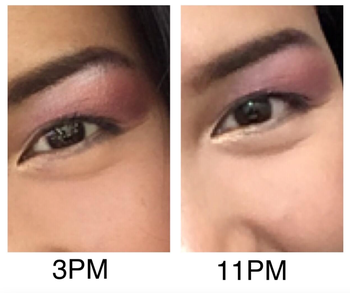 Reviewer demonstrating how the primer kept eyeshadow intact for eight hours