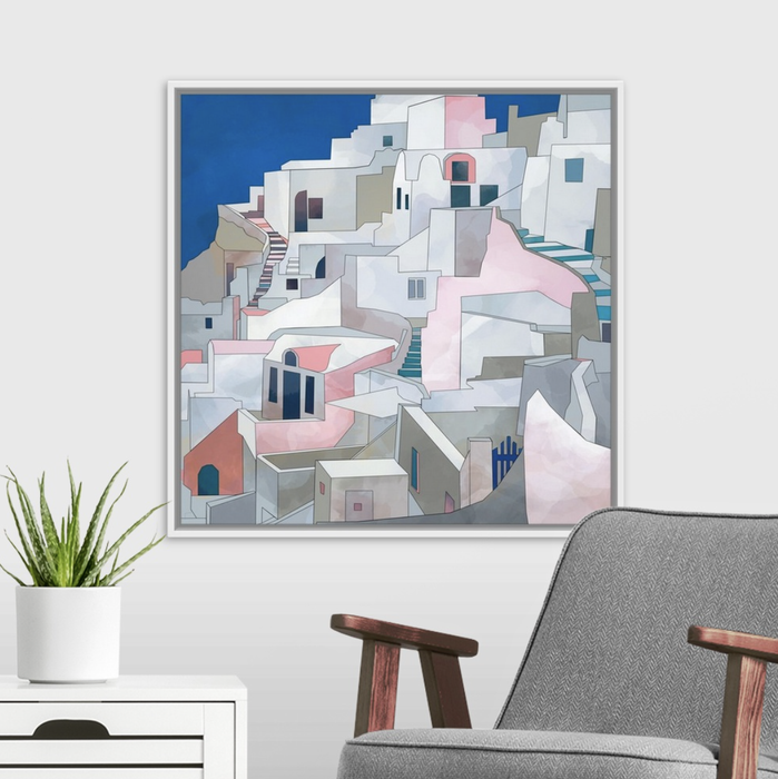 An abstract painting of a geometric village scene adorns a wall, with modern furniture in the foreground, offering home decor inspiration