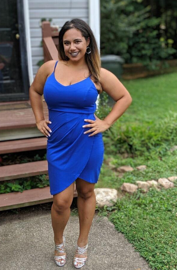 another reviewer showcasing the dress in a bold blue shade