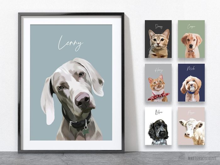 A collection of personalized pet portraits with name labels, framed and ready for home decor inspiration