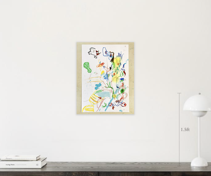 A framed abstract painting displayed on a wall above a white book and lamp, highlighting a home decor art sale