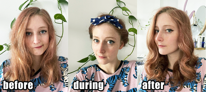 before: an editor with frizzy, loose waves; during: hair wrapped in the headband; after: hair transformed into soft, loose curls