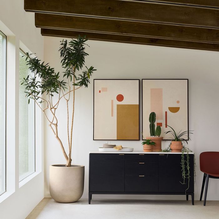 A minimalist space featuring a sleek sideboard, two abstract paintings, a potted plant, and decorative accents, showcasing a modern aesthetic for shopping inspiration