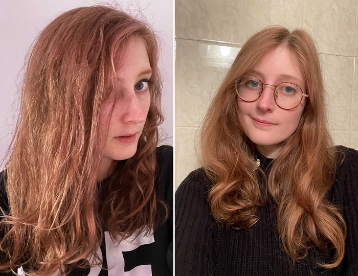 before: frizzy, unruly hair; after: smooth, sleek hair