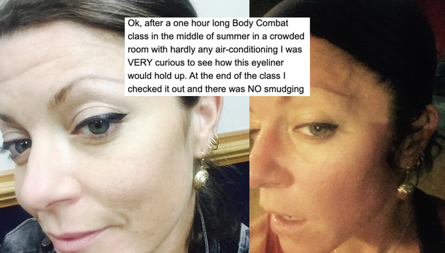 Reviewer showing before and after a workout session, eyeliner still flawless