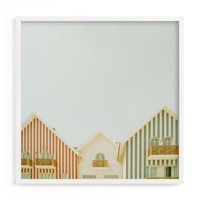 Wall art showcasing stylized houses with striped patterns, ideal for enhancing home decor