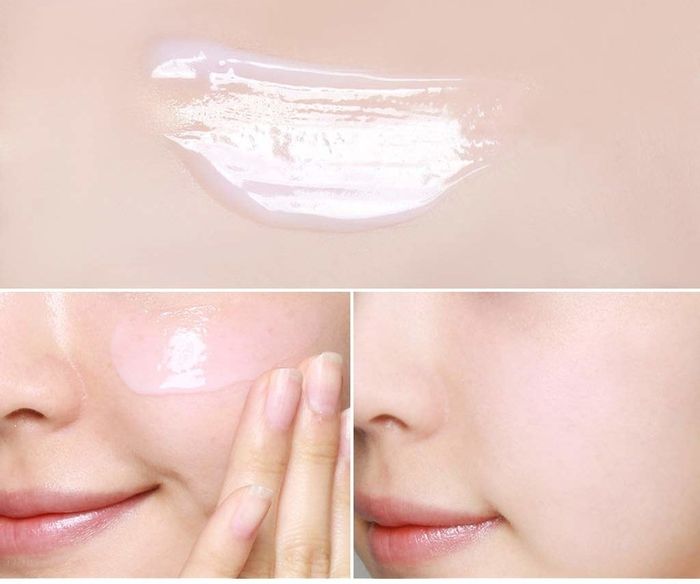 Image showing the primer's silky texture on skin, followed by a picture of it seamlessly blending in to create an invisible pore effect