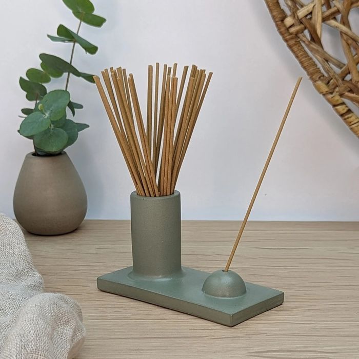 The incense holder and burner are displayed in a photo