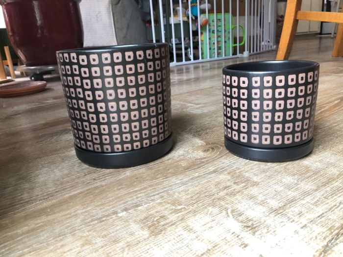Two decorative plant pots of varying sizes, placed on a wooden floor in a stylish home setting.