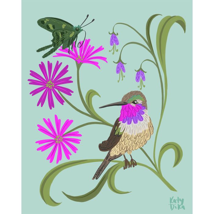 A print showcasing artwork of a bird, butterfly, and flowers