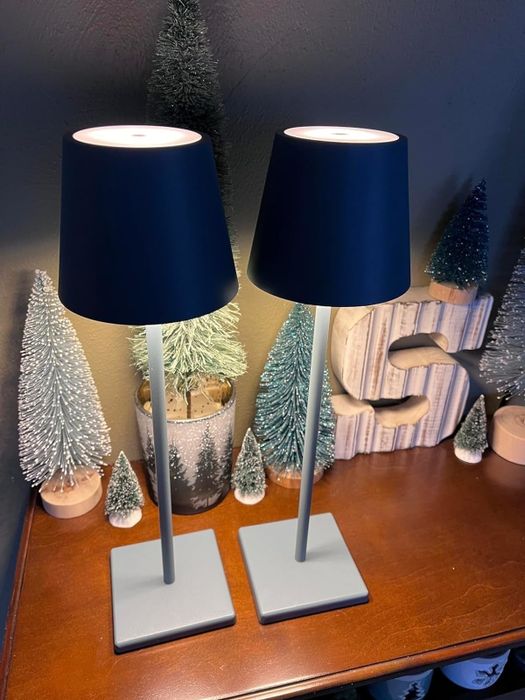 Two matching table lamps with navy-colored shades, positioned next to decorative miniature trees on a sideboard
