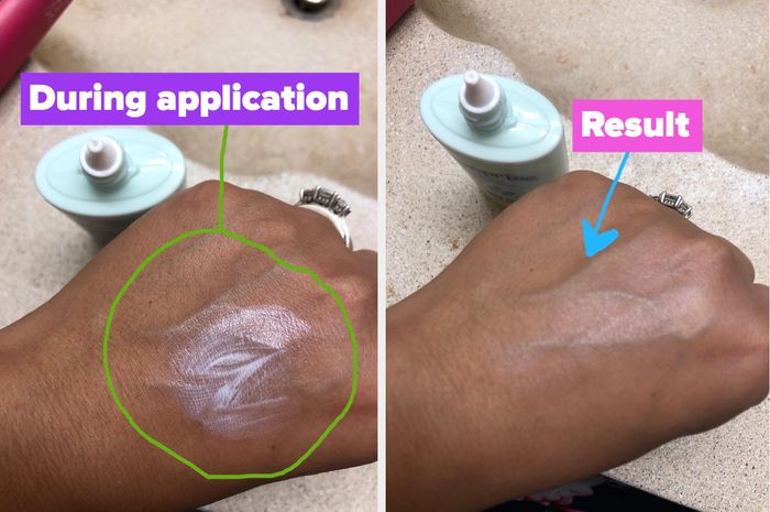A reviewer demonstrates the application of the white sunblock, showing its effect before and after use.