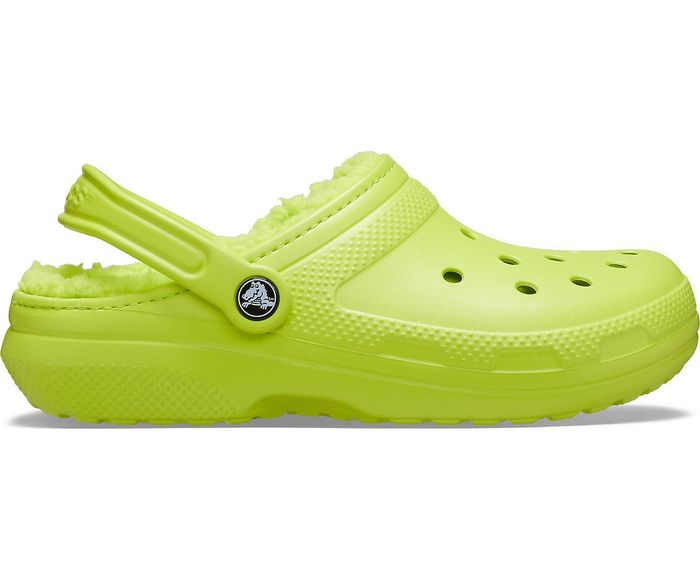 Lime green lined Crocs.