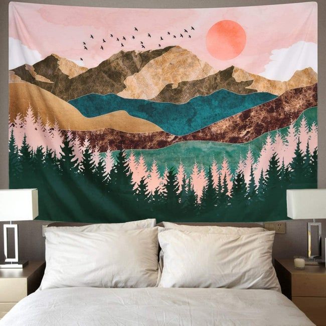 A vibrant tapestry depicting trees, mountains, birds, and more, hung above a bed