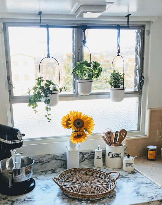 Three white planters suspended by a sleek black metal rod, hanging gracefully above a kitchen window.