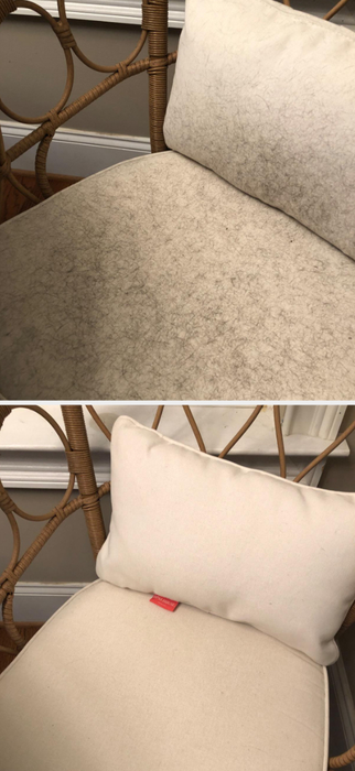 A before-and-after image of a reviewer's white chair, first covered in fur and then completely clean after using the vacuum.