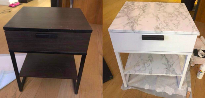 Before: brown side table, after: the table is now white, with marble-look contact paper applied to the shelf and top.