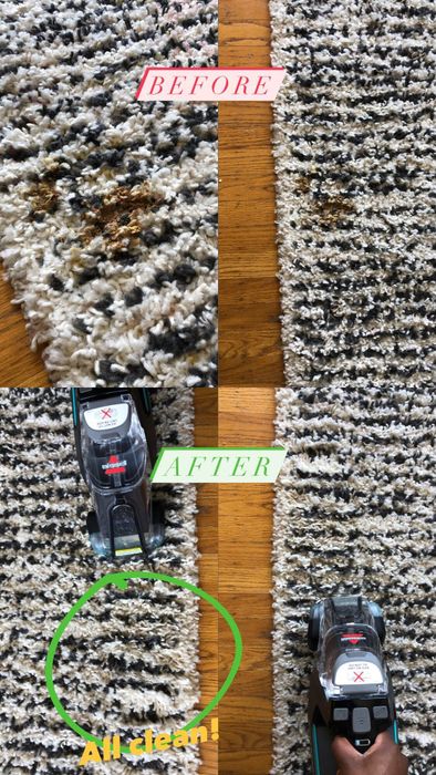 Amanda shows her carpet before cleaning with a large stain, and after, where the white and gray carpet is completely spotless. The text reads