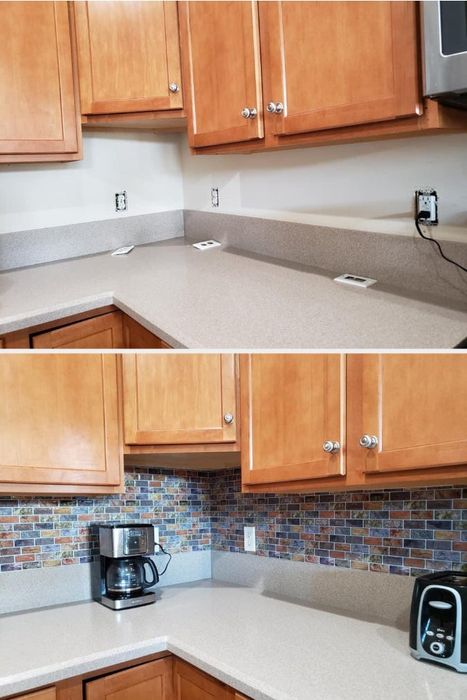 reviewer's kitchen before, with a painted backsplash, and after, with vibrant tiles instead
