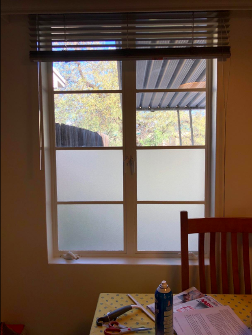 A frosted, colorless translucent film applied to the reviewer’s kitchen window.