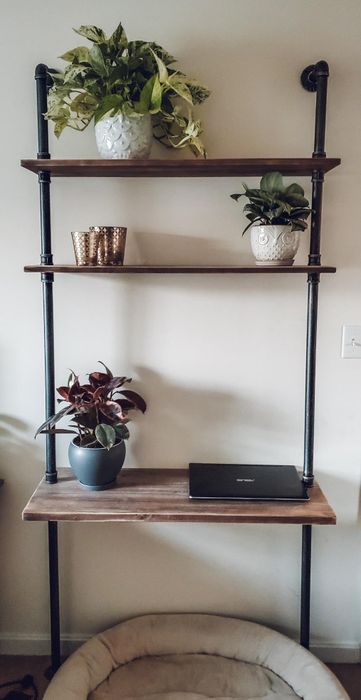 Another reviewer features the desk, showcasing it with plants and a laptop, while a cozy dog bed is placed underneath