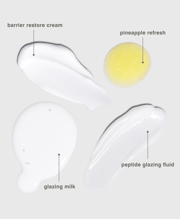 Displayed textures of four different skincare products labeled: barrier restore cream, pineapple refresh, glazing milk, peptide glazing fluid.