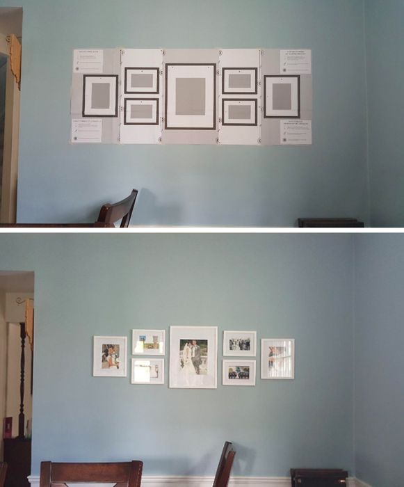 Before: the reviewer's wall with a paper template hung for nail placement. After: the wall now features framed photos positioned where the templates were.