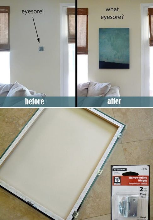 Before: a wall with an eyesore. After: the same wall with a hinged canvas covering it, which can be opened to reveal the eyesore underneath when needed.