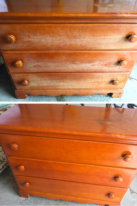 Before: a chest of drawers with a faded finish on the front; after: the same drawers now display a flawless, uniform finish.