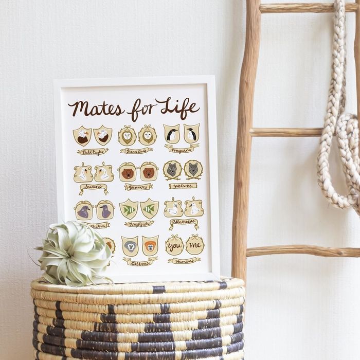 a print featuring the phrase "mates for life" alongside illustrations of animals known for lifelong partnerships