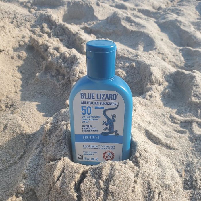 A bottle of Blue Lizard sunscreen.