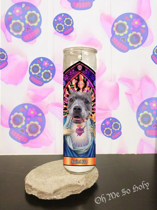 prayer candle with custom print of someone's dog
