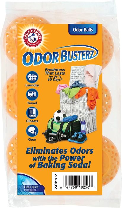 A package of Odor Busterz balls, infused with baking soda, designed to eliminate odors from laundry, travel items, and gear.