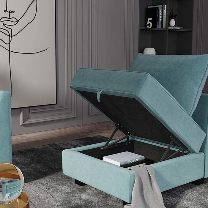 A teal ottoman featuring convenient storage is displayed here.