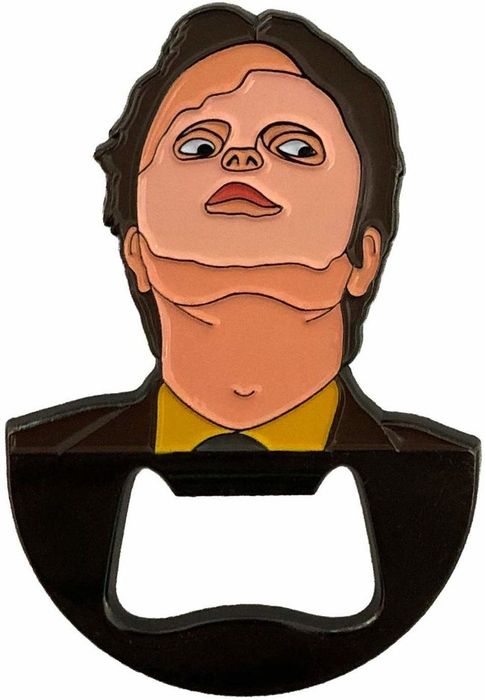 A bottle opener featuring Dwight from The Office, wearing the CPR dummy's face mask