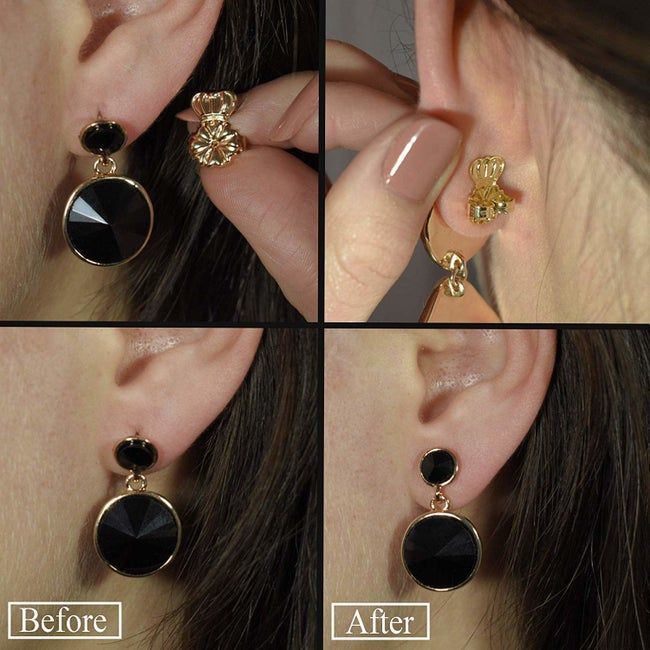 Showing the contrast between a heavy earring before and after using the earring lifter