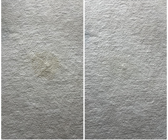 white carpet with a visible stain, followed by the same carpet spotless
