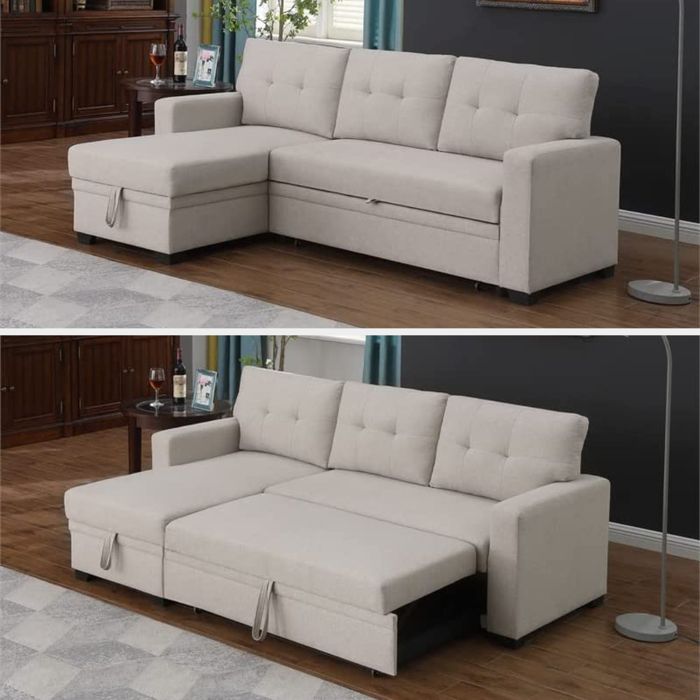 A beige sectional is displayed both with and without the bed pulled out for comparison.