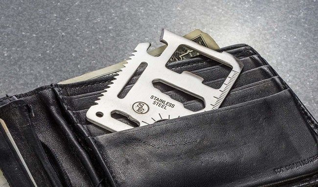 The multitool fits easily in a wallet pocket, shaped like a credit card.
